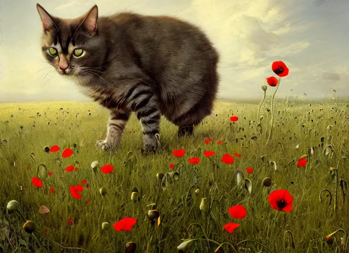 Prompt: the cat in the field from : meadow flowers, dandelions, poppy, tulip, chamomile, hyperrealism, no blur, 4 k resolution, ultra detailed, style of ivan shishkin, tyler edlin, tom bagshaw, arthur rackham,