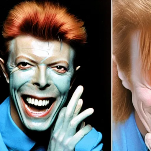 Image similar to david bowie laughing at a blue cat in his hands