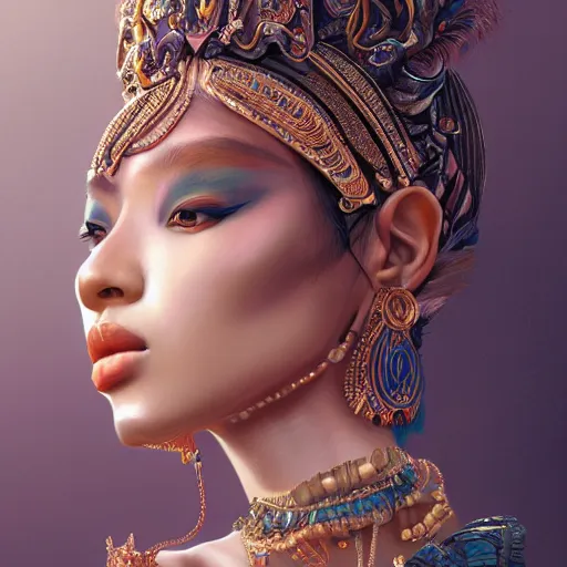 Image similar to Beautiful detailed portrait of an exotic goddess by Nick Silva, Shin JeongHo, Wandah Kurniawan, Symmetrical composition with people centered, realistic proportions, trending on artstation