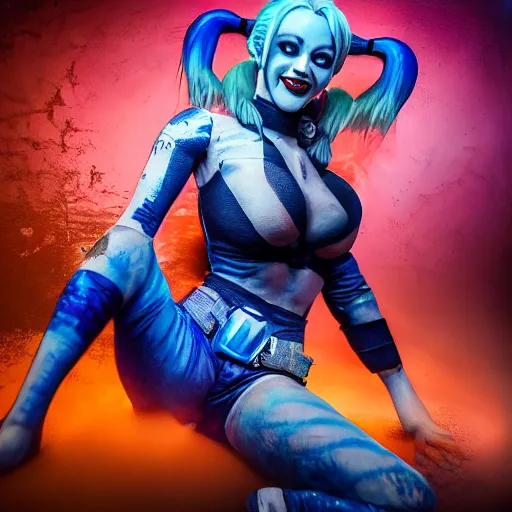 Image similar to full body pose, hyperrealistic mixed media painting of a harley quinn, dim volumetric lighting, 8 k, octane beautifully detailed render, extremely hyper detailed, intricate, epic composition, cinematic lighting, masterpiece, trending on artstation, very very detailed, masterpiece, stunning, hdr, smooth, sharp focus, high resolution, award, winning photo, dslr, 5 0 mm