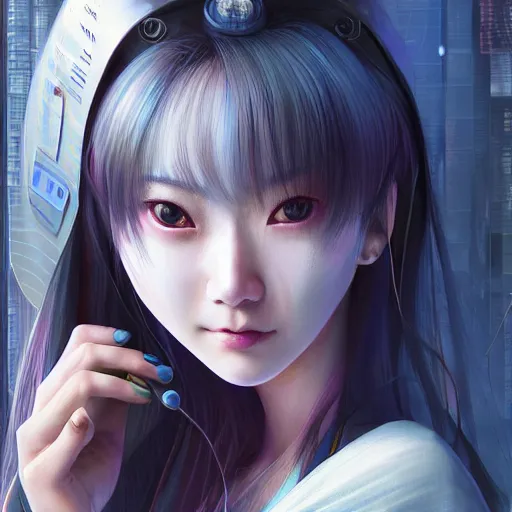 Image similar to centered portrait of a slight happy cyberpunk 3D beautiful Japanese girl in kimono, hyperdetailed eyes, soulful eyes, beautiful eyes, soulful irises, digital painting, trending on Artstation, cel-shading style, CG society, hyperdetailed, digital painting, hypermaximalist, golden ratio, volumetric, octane render, weta digital, micro details, 3d sculpture