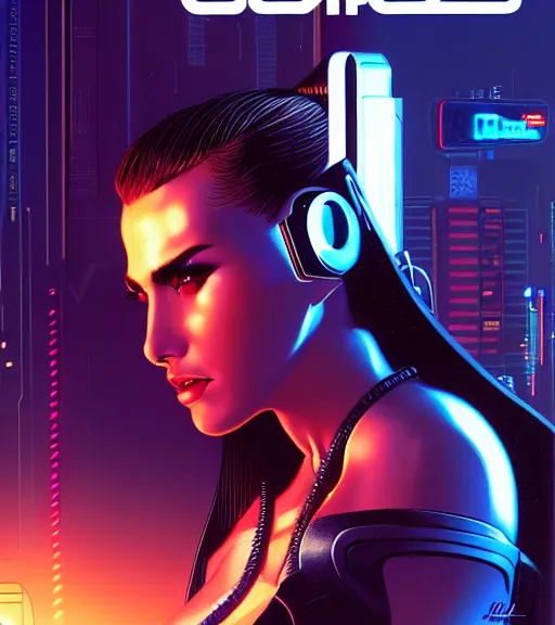 Image similar to cable plugged in, side of head, very very beautiful woman, cyberdeck computer terminal, street level night city, 1 9 7 9 omni magazine cover, style by vincent di fate, artgerm, cyberpunk 2 0 7 7, very coherent, detailed, 4 k resolution, unreal engine, daz