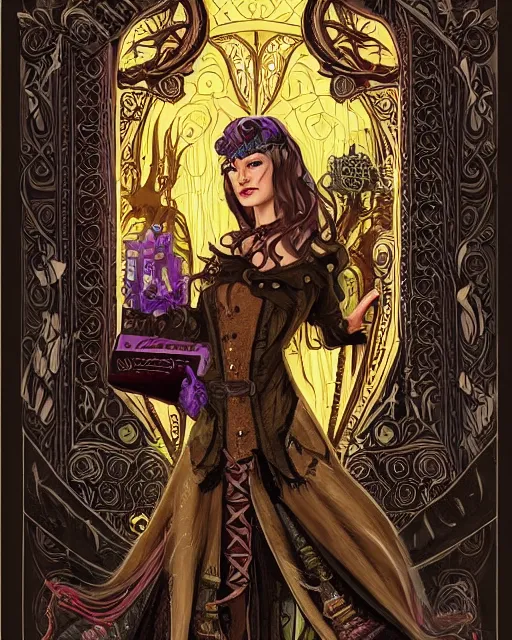 Prompt: a detailed portrait illustration of a steampunk sorcerer. beautiful transgender female face. art nouveau, pop art, comic book style. influenced by neil gaiman, h. p. lovecraft, dan mumford, brian froud, vadim voitekhovitch, killian eng, ross tran, karol bak.