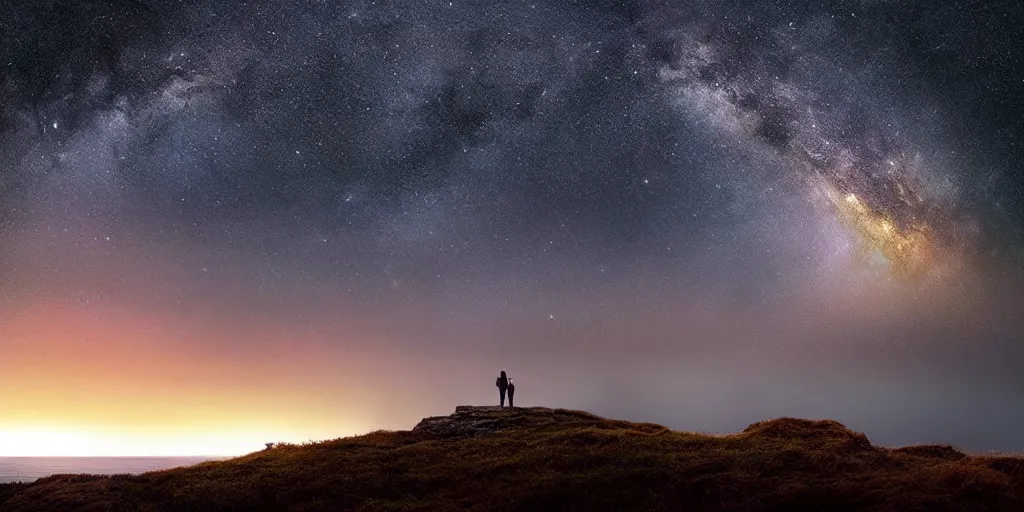 Prompt: Field on the edge of a cliff overlooking the ocean with a galactic collision in night sky by Jessica Rossier and Alena Aenami