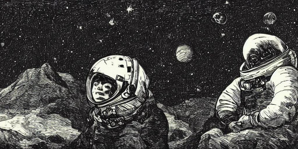 Prompt: portrait of a person wearing a space helmet on an alien planet, space and stars visible in the background, in the style of Goya etchings