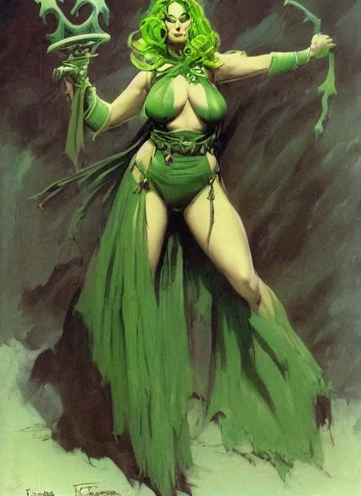 Image similar to mighty plump female necromancer sorceress, green tiara, strong line, muted color, beautiful! coherent! by frank frazetta, by brom