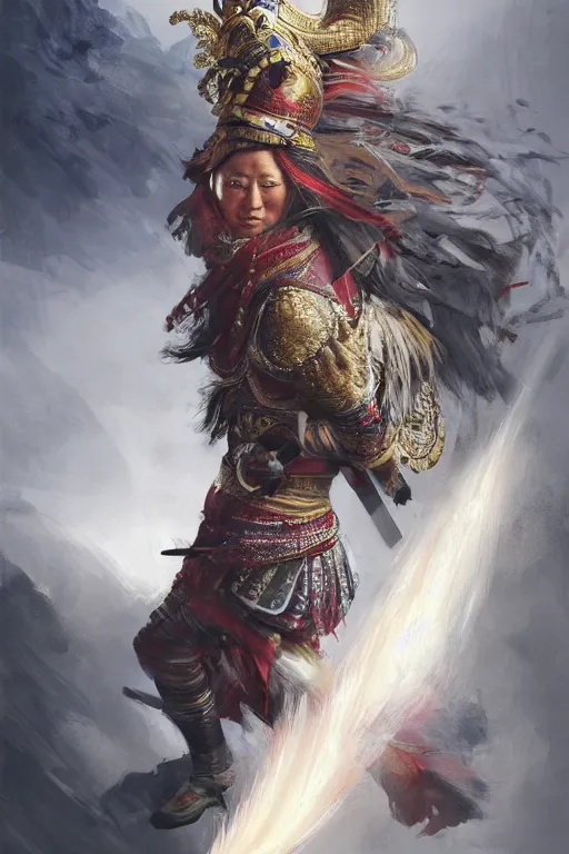 Image similar to Tibetan warrior, portrait, fierce, intricate, elegant, volumetric lighting, scenery, digital painting, highly detailed, artstation, sharp focus, illustration, concept art, ruan jia, steve mccurry