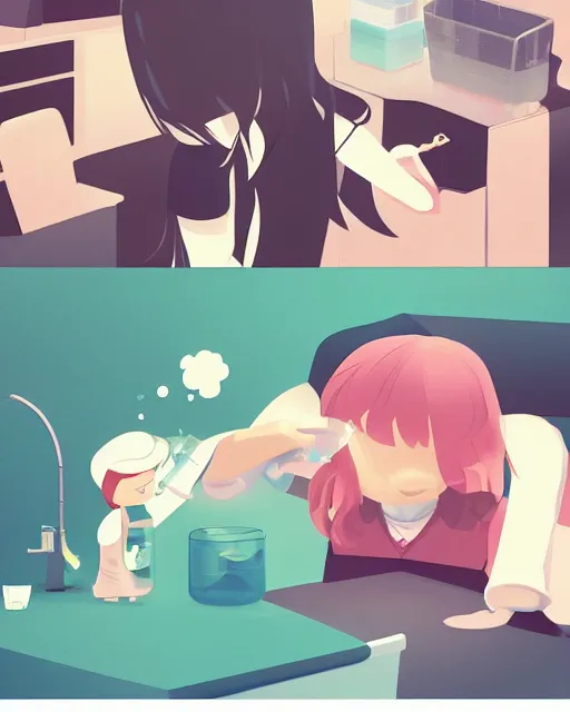 Image similar to a little girl is doing a science experiment. clean cel shaded vector art. minimalist illustration art by lois van baarle, artgerm, helen huang by makoto shinkai and ilya kuvshinov, rossdraws