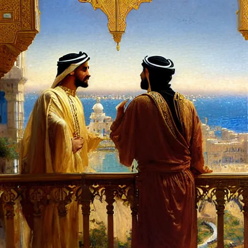 Image similar to attractive arab king confesses his love for his attractive male prince, in balcony of palace, above a river,. highly detailed painting by gaston bussiere, craig mullins, j. c. leyendecker