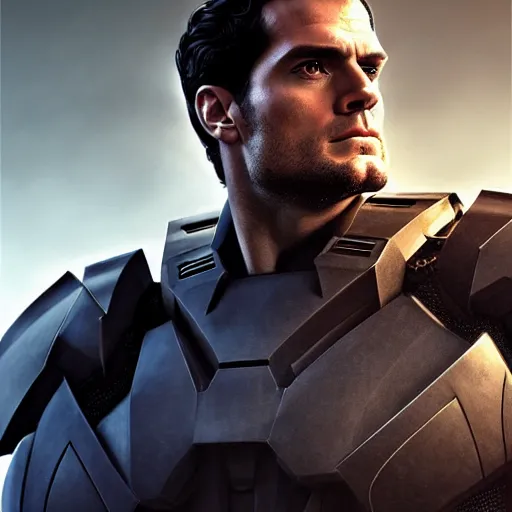 Image similar to Henry Cavill hair wearing Forerunner armor from Halo, high tech, action shot, angular, full body portrait, futuristic, dramatic, fantasy, intricate, elegant, highly detailed, artstation, matte, sharp focus, 8K, art by Artgerm and Greg Rutkowski and Alphonse Mucha