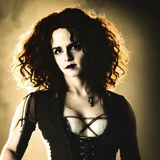 Image similar to Bellatrix Lestrange cosplay by Emma Watson, 8k, professional photography, cinematic studio shot, dark, smoke