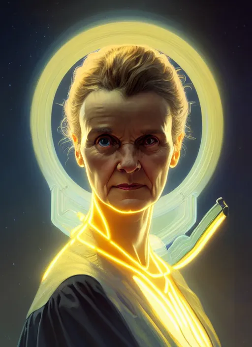 Image similar to symmetry!! portrait of marie curie female, sci - fi, glowing lights!! intricate, elegant, highly detailed, digital painting, artstation, concept art, smooth, sharp focus, illustration, art by artgerm and greg rutkowski and alphonse mucha, 8 k