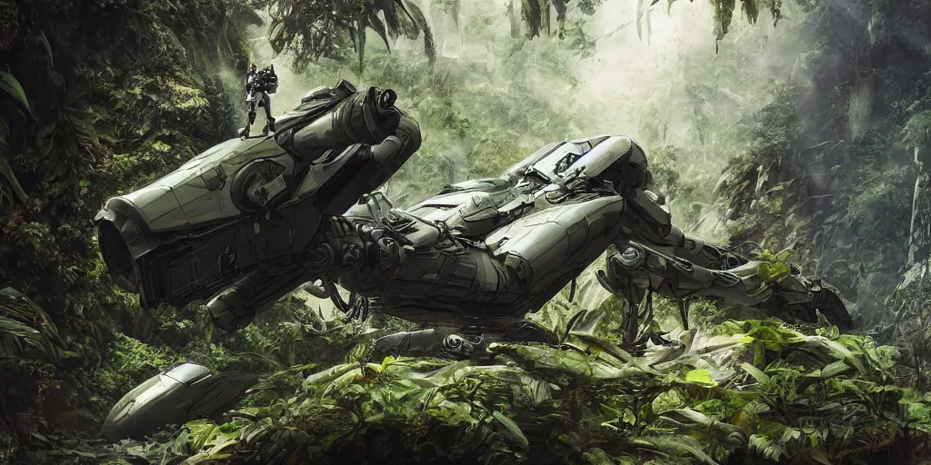 Image similar to an intricate concept art of a military pilot of giant futuristic robot resting in the rainforest, sci - fi film color palette, concept art, environment design, vfx, unreal engine 5, artstation, deviantart, octane render, wide angle, cinematic