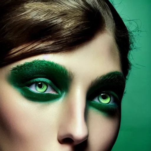Image similar to photo of beautiful model with subtle green eye shadow, photo by annie leibovitz and mert and marcus, beauty campaign, photoshoot, closeup, real life skin, sharp focus