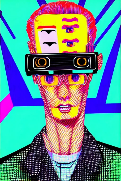 Image similar to max headrom wearing oculus and digital glitch head, style of yoshii chie, hikari shimoda higly detailed