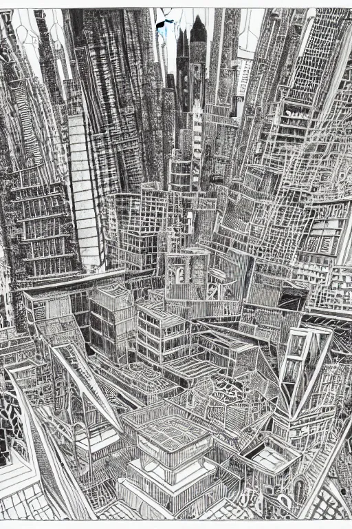 Image similar to a black and white drawing of a temple cityscape, a detailed mixed media collage by hiroki tsukuda and eduardo paolozzi and moebius, intricate linework, sketchbook psychedelic doodle comic drawing, geometric, street art, polycount, deconstructivism, matte drawing, academic art, constructivism