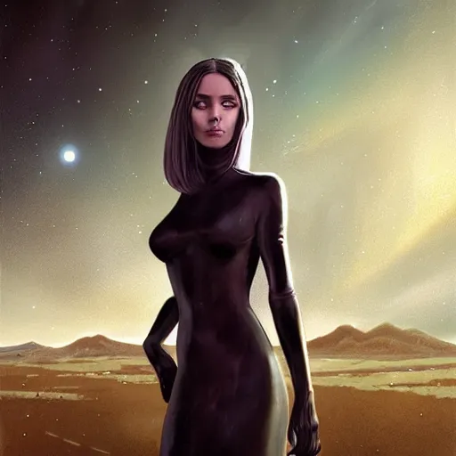 Image similar to pleiadian woman with big eyes and long silver hair wearing a dark body suit and holding a plasma gun standing in barren fields, portrait art by greg rutkowski