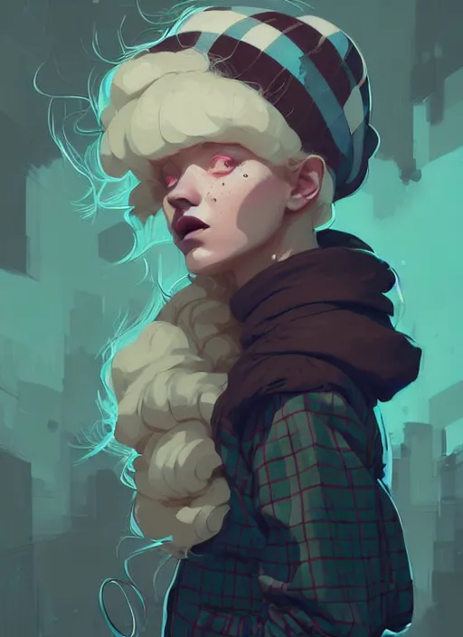 Image similar to highly detailed portrait of a sewer scotish young lady, tartan hoody, white afro hair by atey ghailan, by greg rutkowski, by greg tocchini, by james gilleard, by joe fenton, by kaethe butcher, gradient cyan, brown, blonde cream and white color scheme, grunge aesthetic!!! ( ( graffiti tag wall background ) )