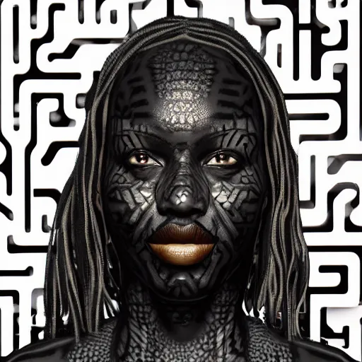 Image similar to : black human with maze pattern skin all over hyper detailed art station  dalle2 unity contest winners unrealengine trending on artstation,cinematic, hyper realism, high detail, octane render, 8k