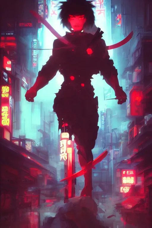 Prompt: portrait of yokai ninja slayer, japan, in cyberpunk, neon lighting, night city, digital art from artstation by Ruan Jia and Mandy Jurgens and Artgerm and william-adolphe bouguereau and Greg Rutkowski