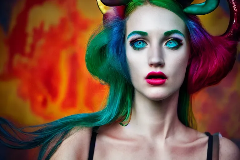 Image similar to pretty demon girl with horns photograph in the style of clemens ascher, colorful, realistic, 8 k