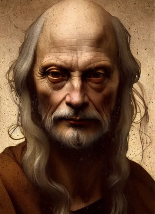 Image similar to renaissance painting depicting old male leonardo davinci, fantasy, intricate, elegant, highly detailed, digital painting, artstation, concept art, smooth, sharp focus, illustration, art by artgerm and greg rutkowski and alphonse mucha