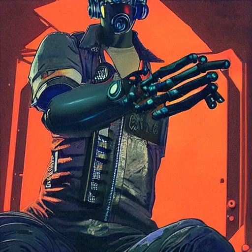 Image similar to mechanic wearing cyberpunk 2 0 7 7 industrial mechanical arms. orange and black color scheme. mechanical concept art by james gurney and mœbius.