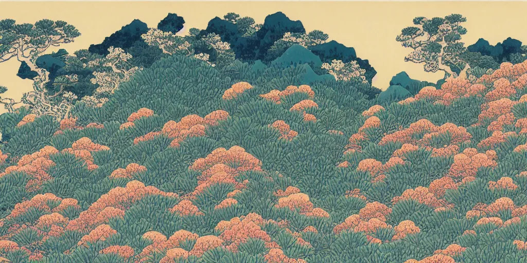 Image similar to mountain landscape with many flowers, by katsushika hokusai and mahmoud sai, intricate, sharp focus, detailed, lively colors, sky, water