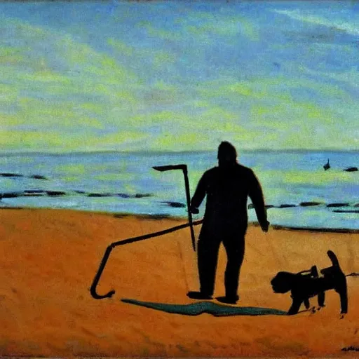 Prompt: fauvist painting of a man walking with a metal detector and a dog on a danish beach at sunset,