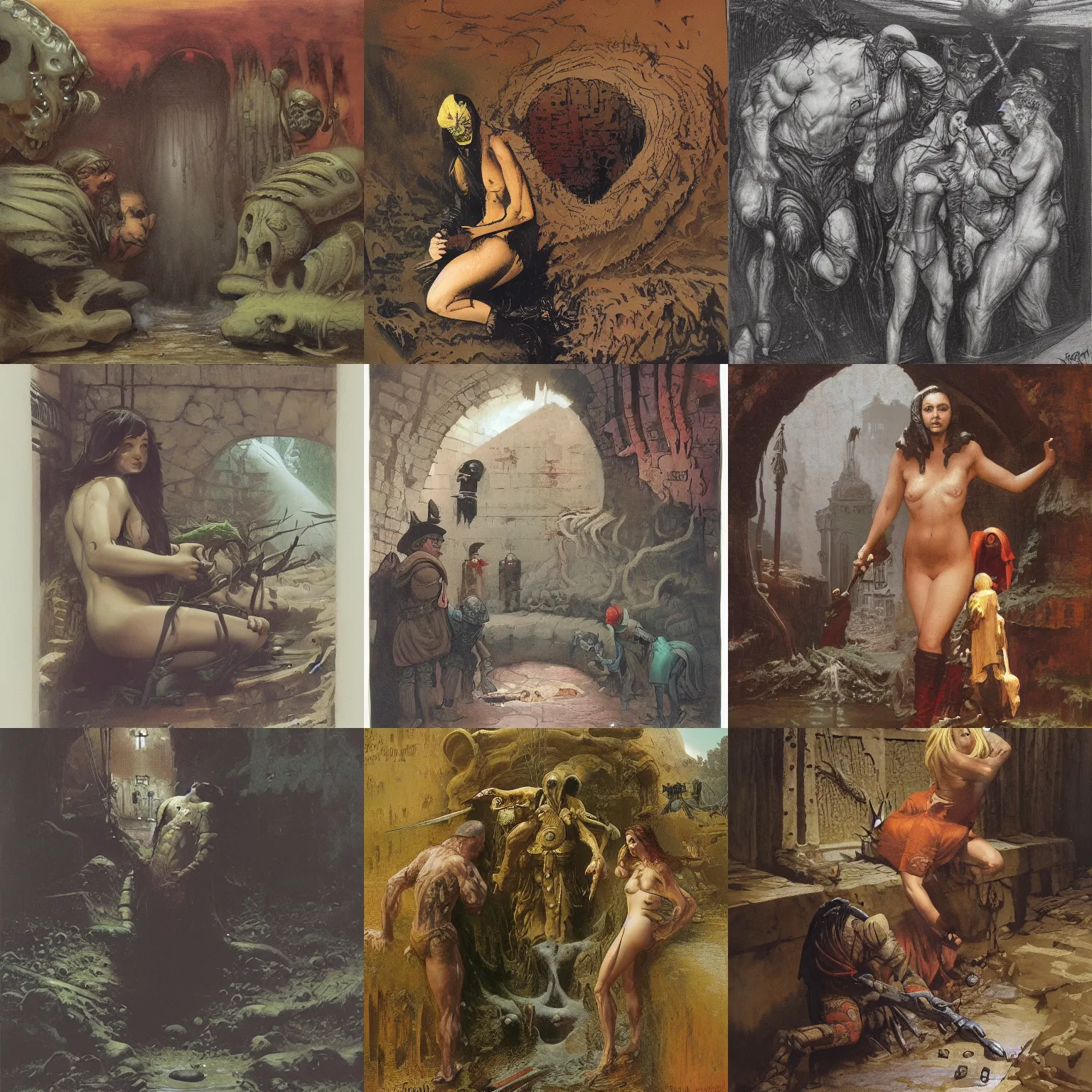 Prompt: slimy damp medieval sewer by frank frazetta, ken kelly, simon bisley, richard corben, william - adolphe bouguereau