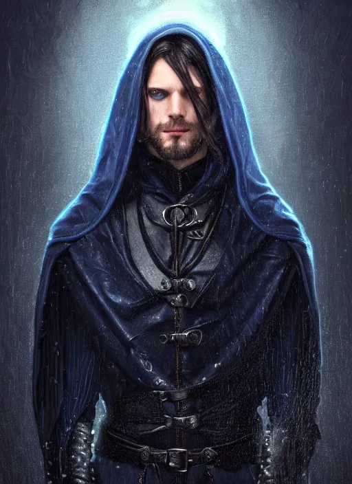 Image similar to ultrarealistic male mage face portrait fighting, long black hair blue eyes wearing leather mantle gothic navy cloak with leather details, cliffside town, fantasy character portrait, octane render, extreme intricate details, elegant, cinematic lighting, highly detailed, artstation, dnd art, cgsociety, sharp focus, beautiful digital painting by artgerm, gerald brom, wlop, alphonse mucha