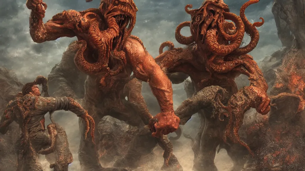 Prompt: chuck norris Fight with the giants cthulhu, cgi, trending artstation
