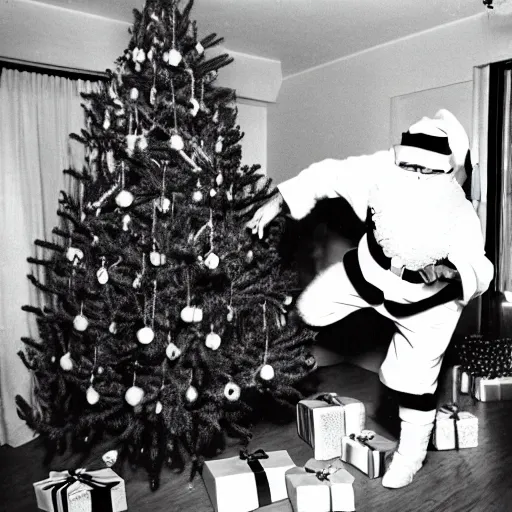 Prompt: santa getting caught in the act of delivering presents under a Christmas tree in a living room, 1985, flash photography