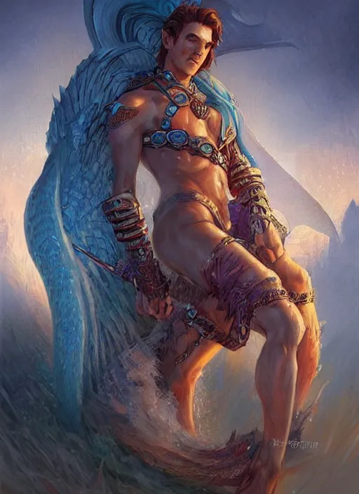 Prompt: male siren, ultra detailed fantasy, dndbeyond, bright, colourful, realistic, dnd character portrait, full body, pathfinder, pinterest, art by ralph horsley, dnd, rpg, lotr game design fanart by concept art, behance hd, artstation, deviantart, hdr render in unreal engine 5