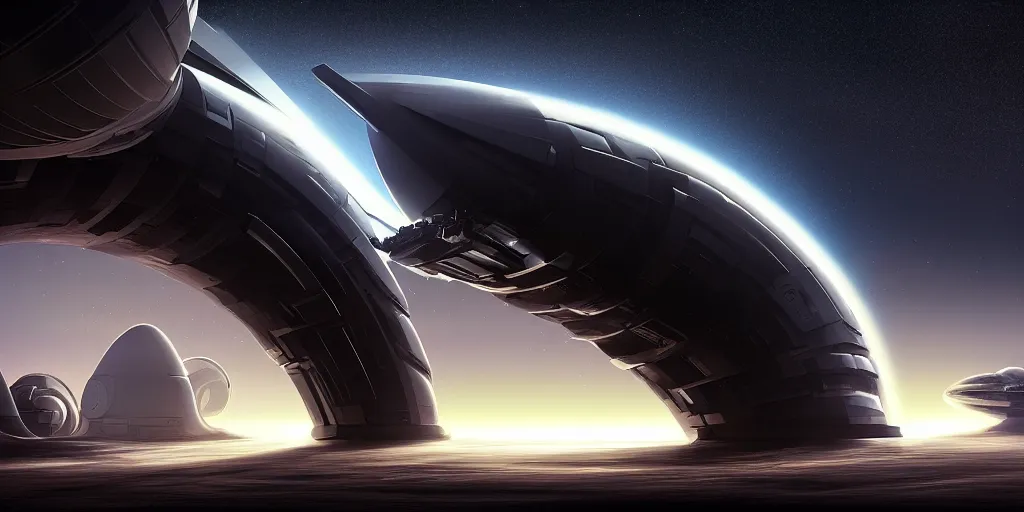 Image similar to giant tubular spaceship in deep space, portal, day, ultra high definition, ultra detailed, symmetry, god rays, sci - fi, dark fantasy, by paul chadeisson and denis villeneuve