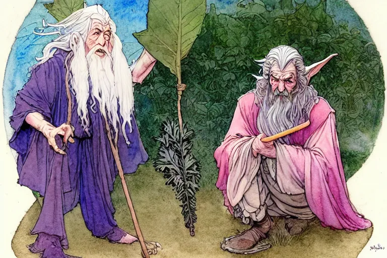 Prompt: a realistic and atmospheric watercolour fantasy character concept art portrait of gandalf with pink eyes lying on his back looking happy and confused with a pot leaf nearby, by rebecca guay, michael kaluta, charles vess and jean moebius giraud