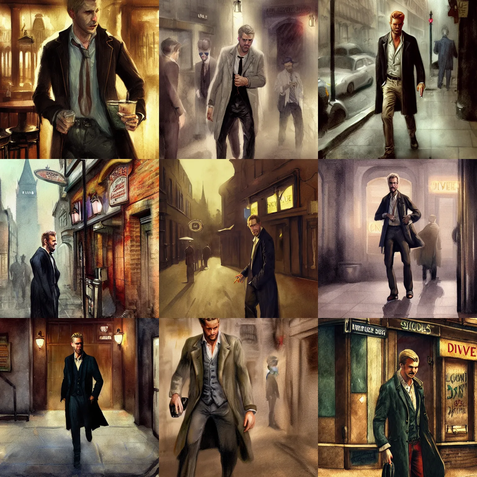 Prompt: matte painting character illustration of john constantine going to lunch at a dive bar in london, digital painting, illustration, constantine, john singer sargent, amazing values, 8 k, watercolor texture, gothic, octane render