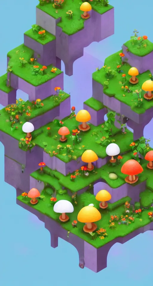 Image similar to a cute little isometric mushroom village garden, trending on artstation, 3d render, monument valley, fez video game,