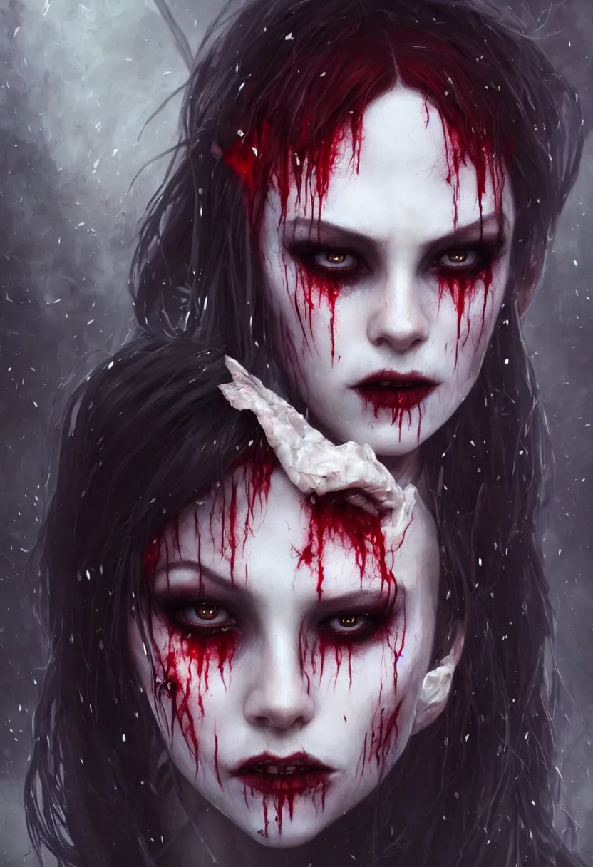 Image similar to beautiful, very extreme closeup portrait, one face, one face, one face, bloody face, vampire girl, extreme blood, vampire fangs, medieval dress. witch, makeup. unreal engine, greg rutkowski, loish, rhads, beeple, tom bagshaw, alphonse mucha, global illumination, detailed and intricate environment