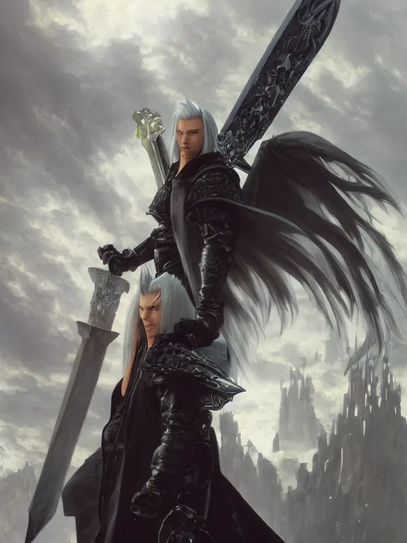 Prompt: a beautiful and detailed matte painting of sephiroth from final fantasy 7, fantasy, d & d, dark eyeliner, intricate, elegant, highly detailed, digital painting, artstation, concept art, matte, sharp focus, illustration, art by greg rutkowski and alphonse mucha