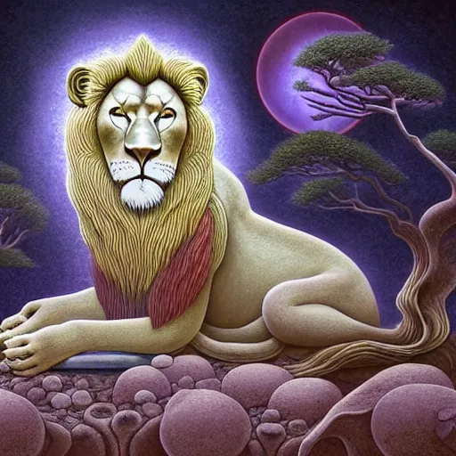 Image similar to an anthromorphic lion meditating in a zen garden with a waterfall under the blood moon, by Adi granov and afarin sajedi and amanda sage and evgeni gordiets and Agostino Arrivabene and adonna khare in a psychedelic portrait style, ultrarealistic matte painting, volumetric lighting, fractal, extremely symmetrical, highly detailed face, orisha, 8k, hd