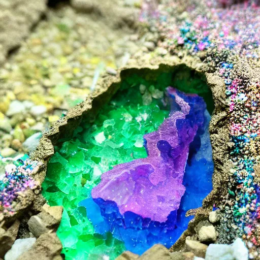 Image similar to photorealistic small dinosaur skeleton inside a geode of colored crystals