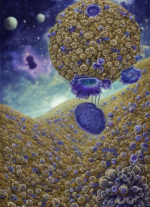 Prompt: detailed, intricate blue black and purple papaverum flower on the field, nebula, galaxy in the sky, winning award masterpiece, fantastically beautiful, illustration, aestheticly inspired, jacek yerka, upscale with anguissola sofonisba work, artstation, 8 k