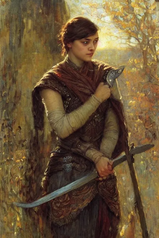 Image similar to portrait of arya stark. art by gaston bussiere.