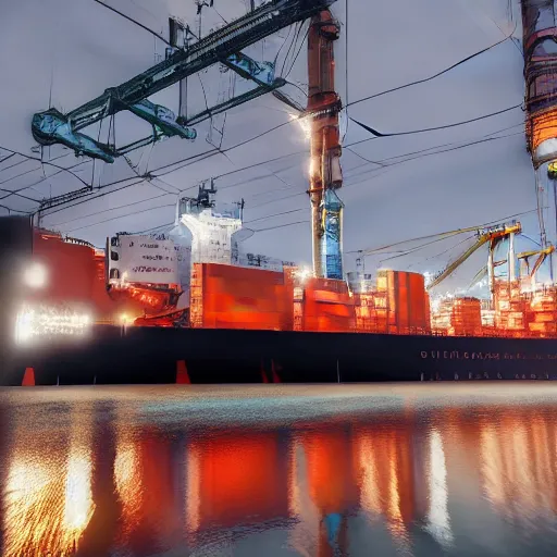 Image similar to photo of Immense industrial futuristic cargo ship arrives at cyber punk city sea port, cinematic lighting, photo