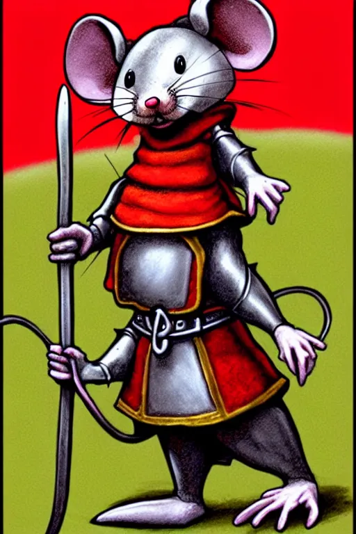 Image similar to a cute mouse knight character design, red wall, brian jacques fantasy art character