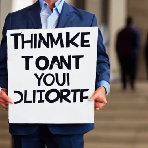 Prompt: a man wearing suite holding sign with text 'Thank you Stable Diffusion'