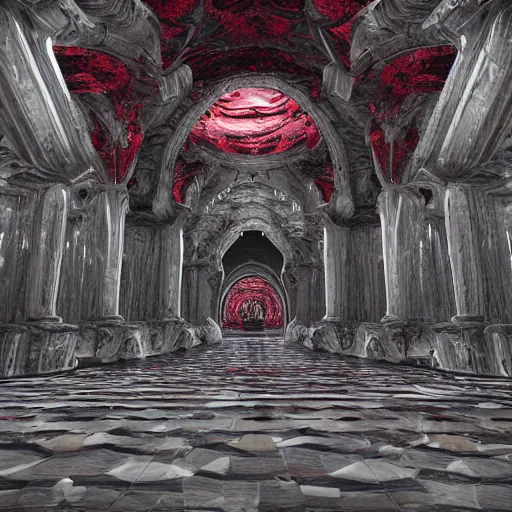 Image similar to alien cathedral made of dark grey marble with red veining and highly detailed ornaments all over the complex surface, photorealistic, perfect camera motion, cinematic, volumetric lighting, next gen rendering, nvidia