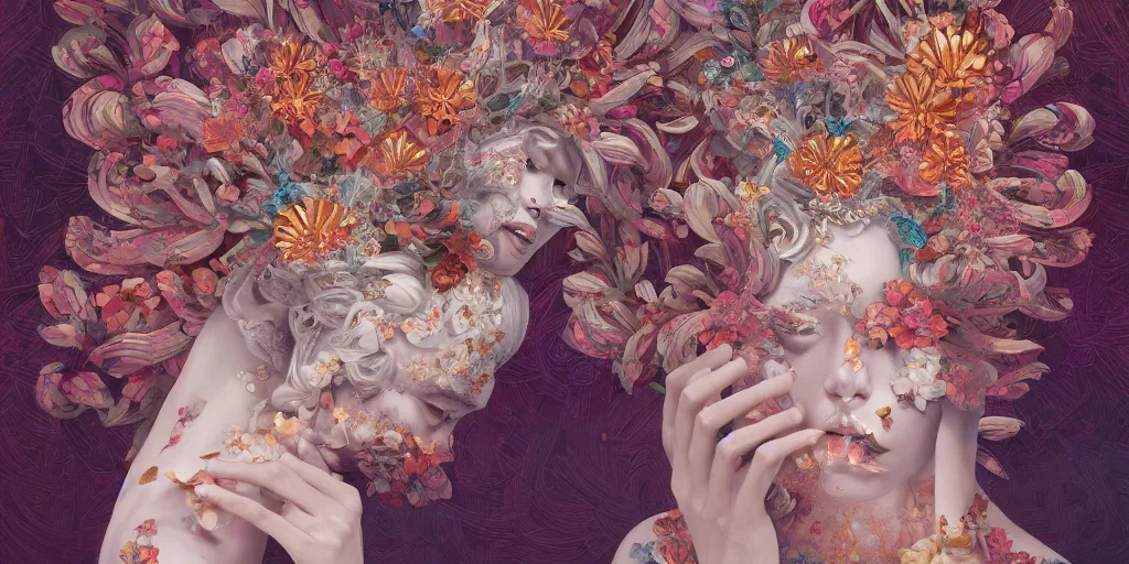 Image similar to breathtaking detailed concept art painting kaleidoscope art deco pattern of blonde faces goddesses amalmation flowers, by hsiao - ron cheng, bizarre compositions, exquisite detail, extremely moody lighting, 8 k