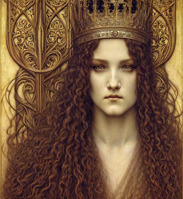 Image similar to detailed realistic beautiful young medieval queen face portrait by jean delville, gustave dore and marco mazzoni, art nouveau, symbolist, visionary, gothic, pre - raphaelite. horizontal symmetry